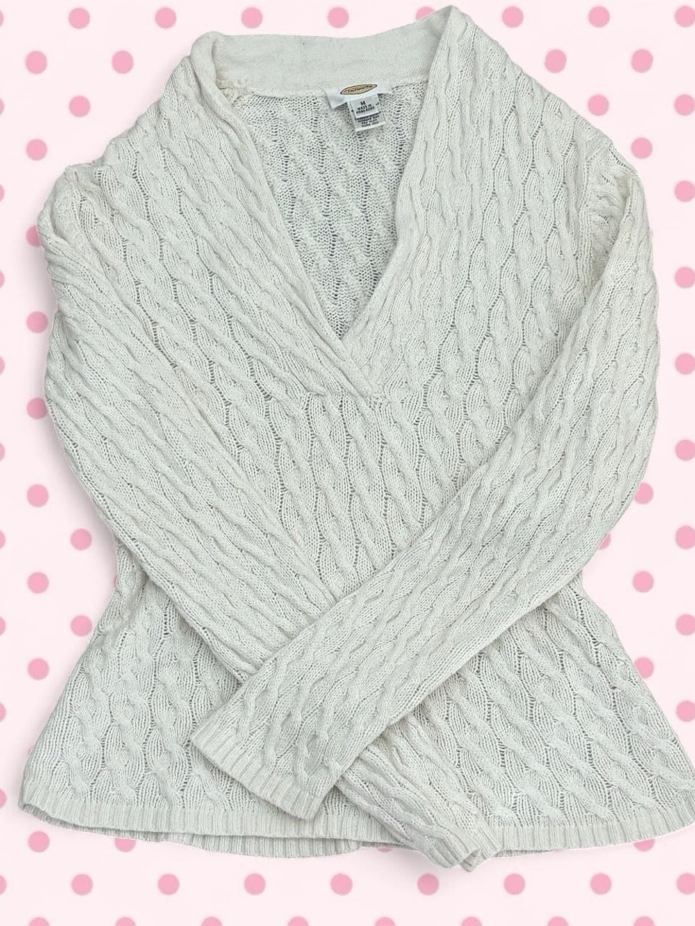 White Cable-Knit V-Neck Sweater